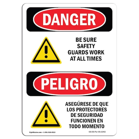 Signmission OSHA Danger, Sure Guards Work Bilingual, 10in X 7in Aluminum, 7" W, 10" H, Bilingual Spanish OS-DS-A-710-VS-1042